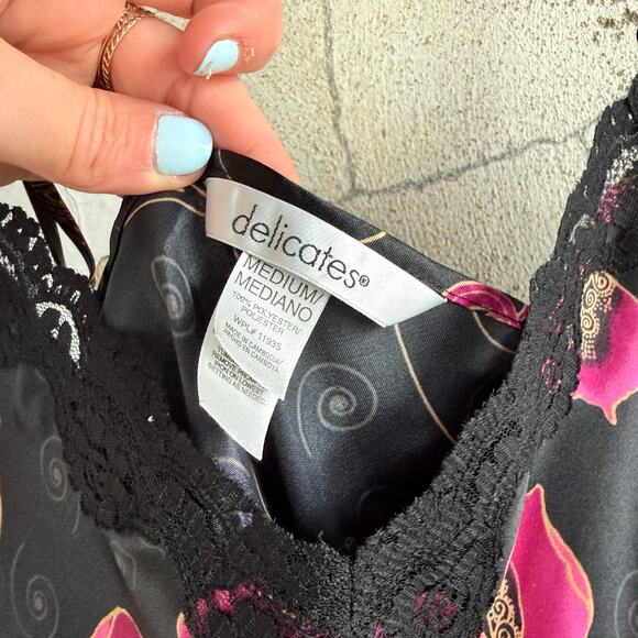 Vtg Delicates Satin Slip Dress + Robe Set Black Pink Baroque Lace Trim 2 Piece M - Picture 6 of 14